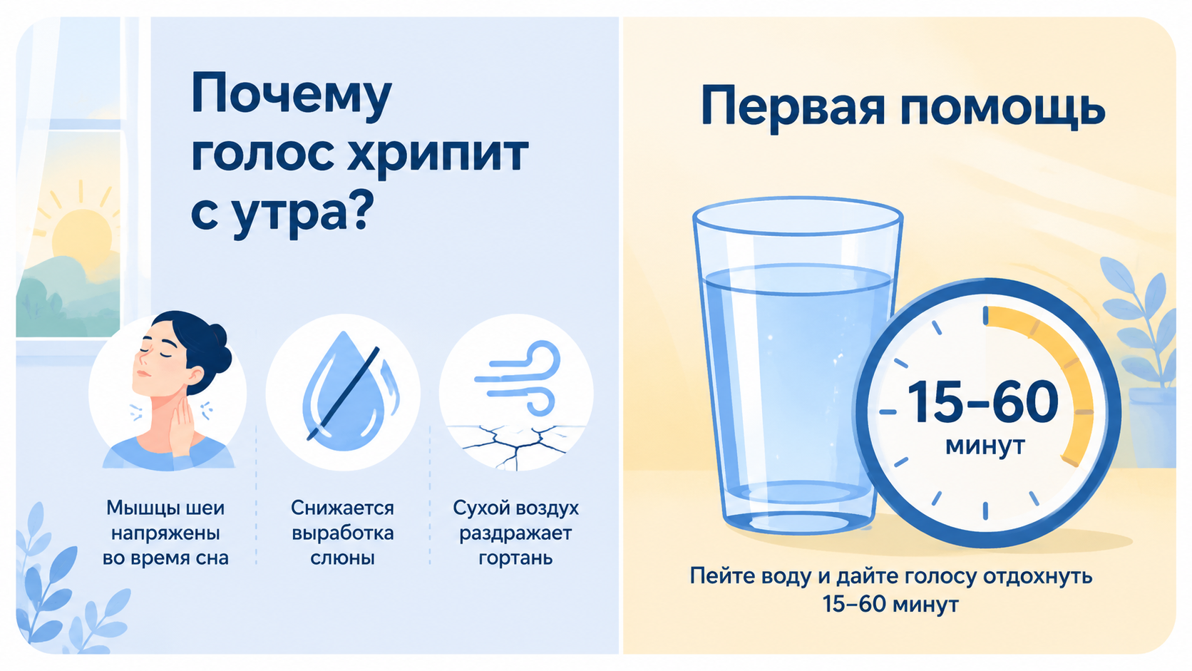 Инфографика с причинами утренней осиплости, такими как сухой воздух и снижение слюноотделения, а также рекомендацией выпить воду