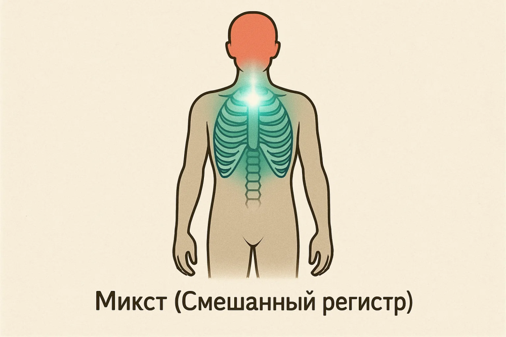 Схема смешанного регистра голоса (микст), соединение грудного и головного резонанса